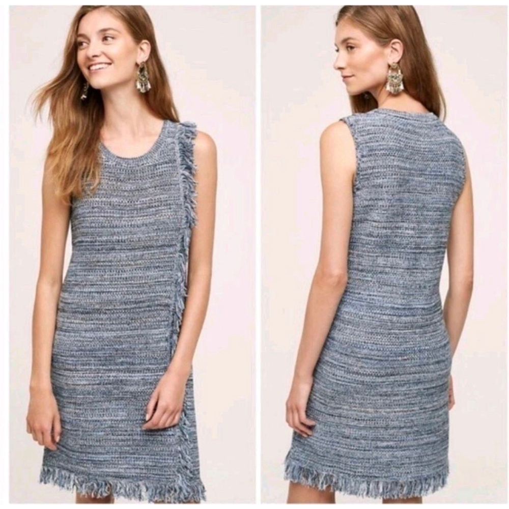 Anthropologie Holding Horses Blue White Fringe Knit Dress L nwt